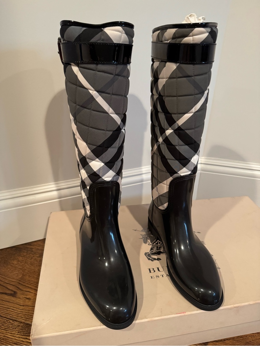 Burberry Black and Gray Quilted Knee-High Rain Boots